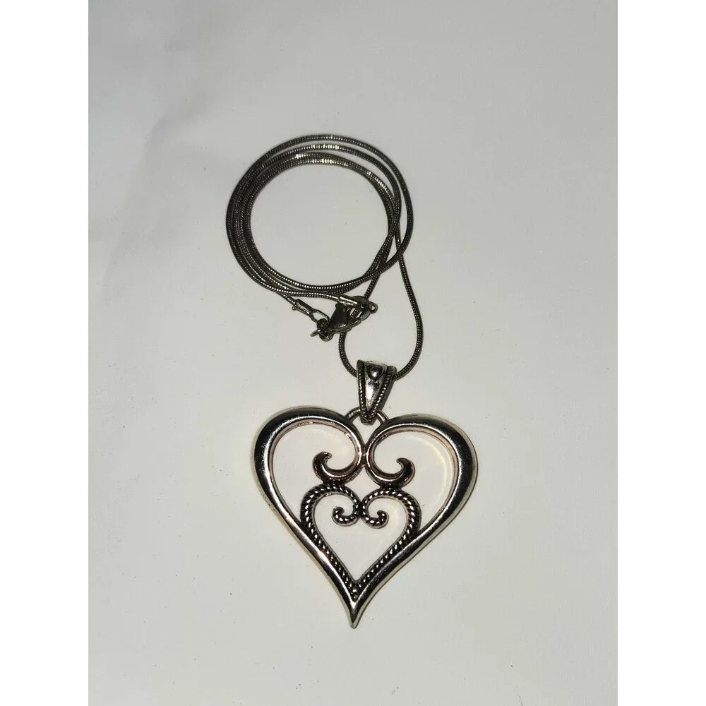 Heart Scroll Pendant Necklace Silver Tone Open Heart Filigree Style Snake Chain